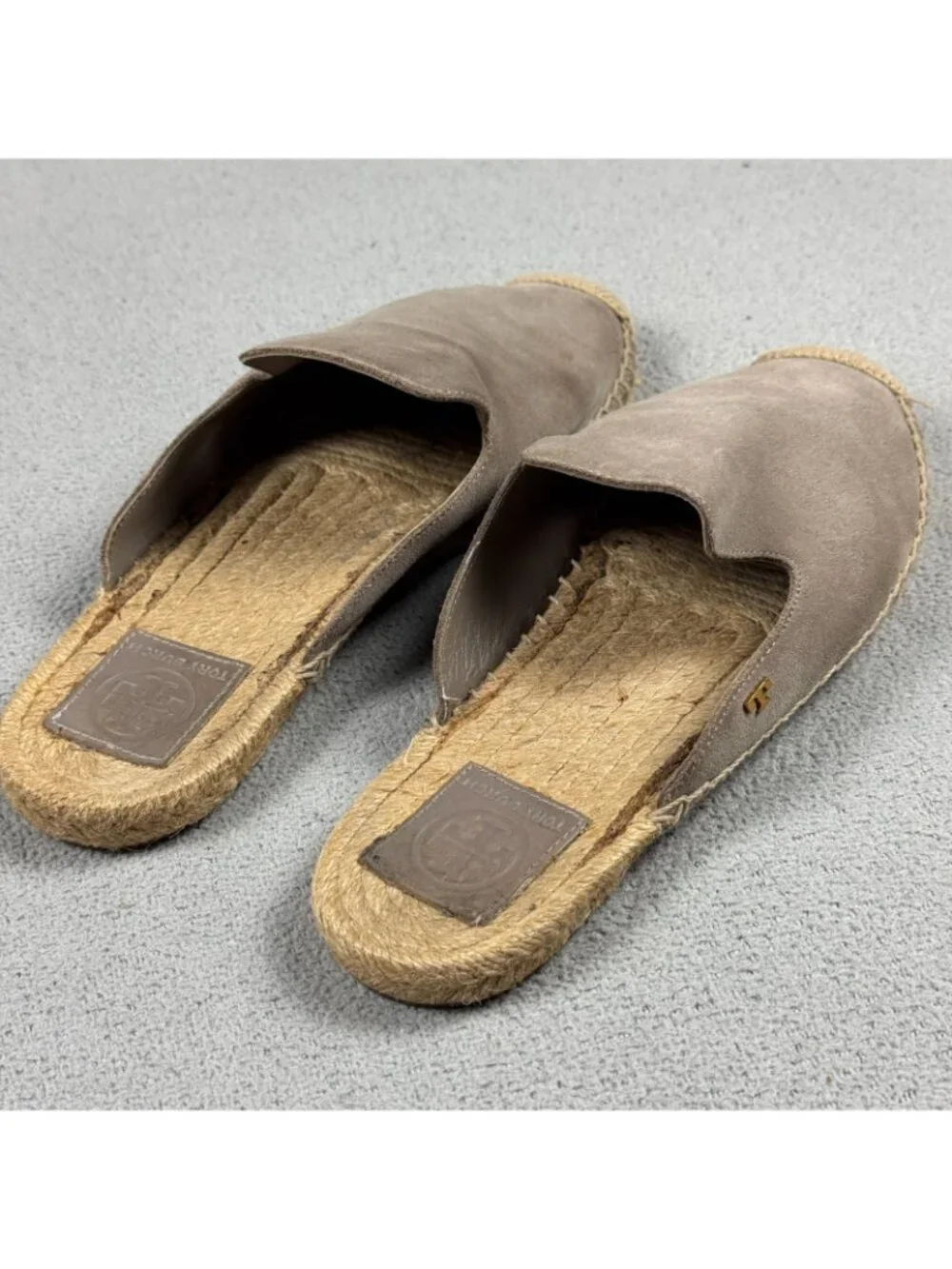 Tory Burch Suede Espadrille Mules Womens Size 8.5 M Taupe Slides Flat Slipper